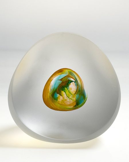 Bespoke handmade art glass paperweight ornament – topaz and teal front