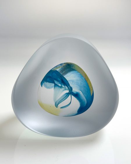 Bespoke handmade art glass paperweight ornament turquoise and gelb front
