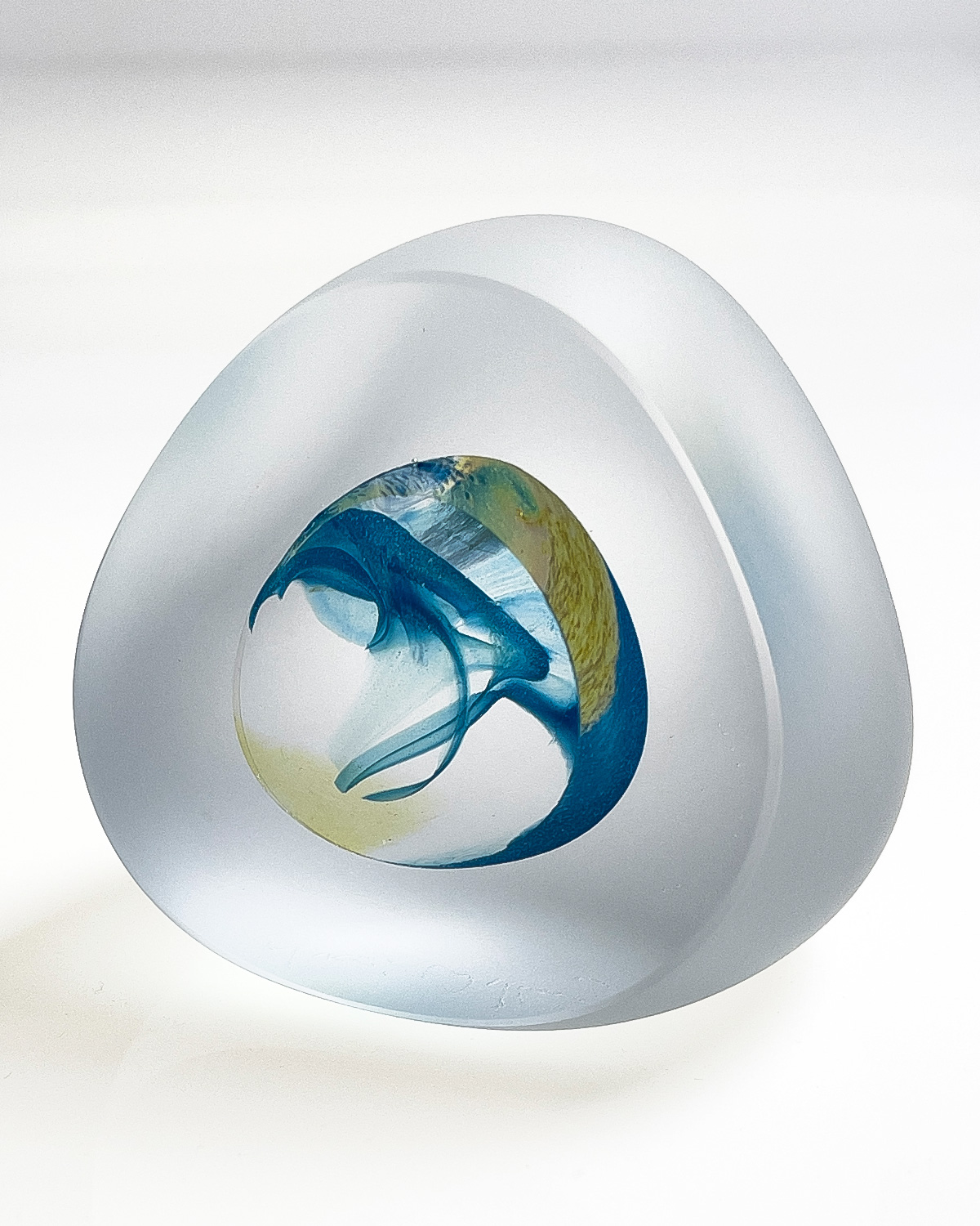 Bespoke handmade art glass paperweight ornament turquoise and gelb left