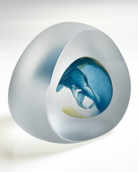 Bespoke handmade art glass paperweight ornament turquoise and gelb right