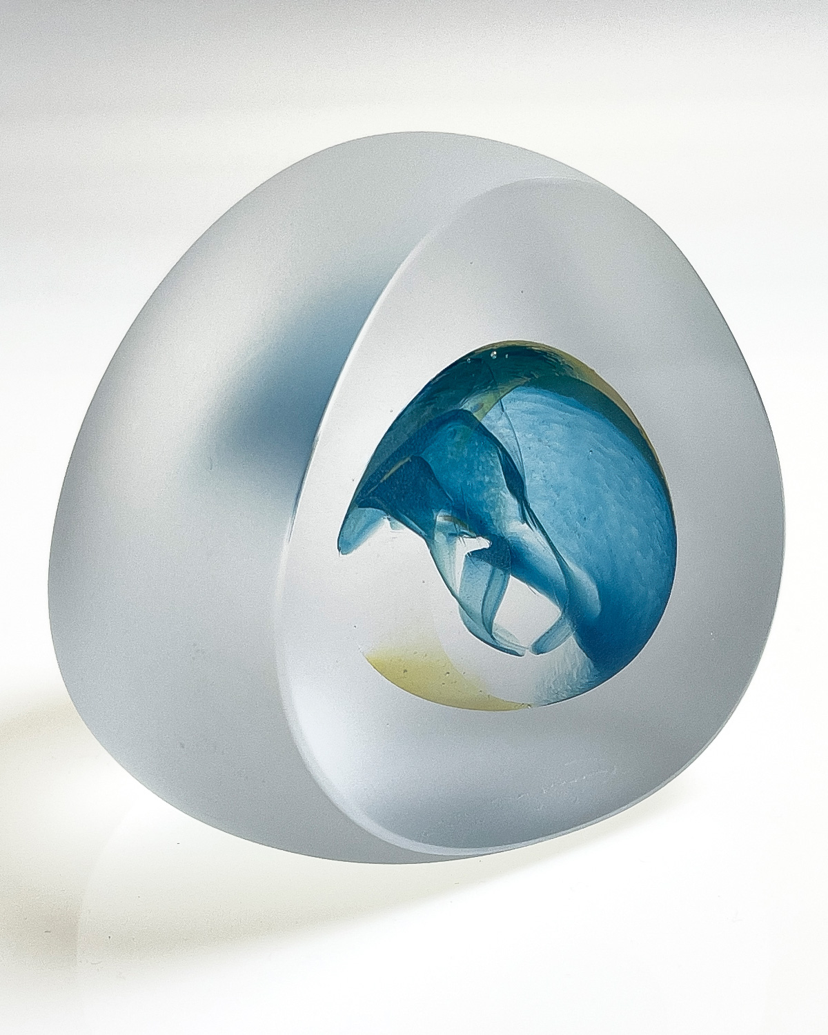 Bespoke handmade art glass paperweight ornament turquoise and gelb right