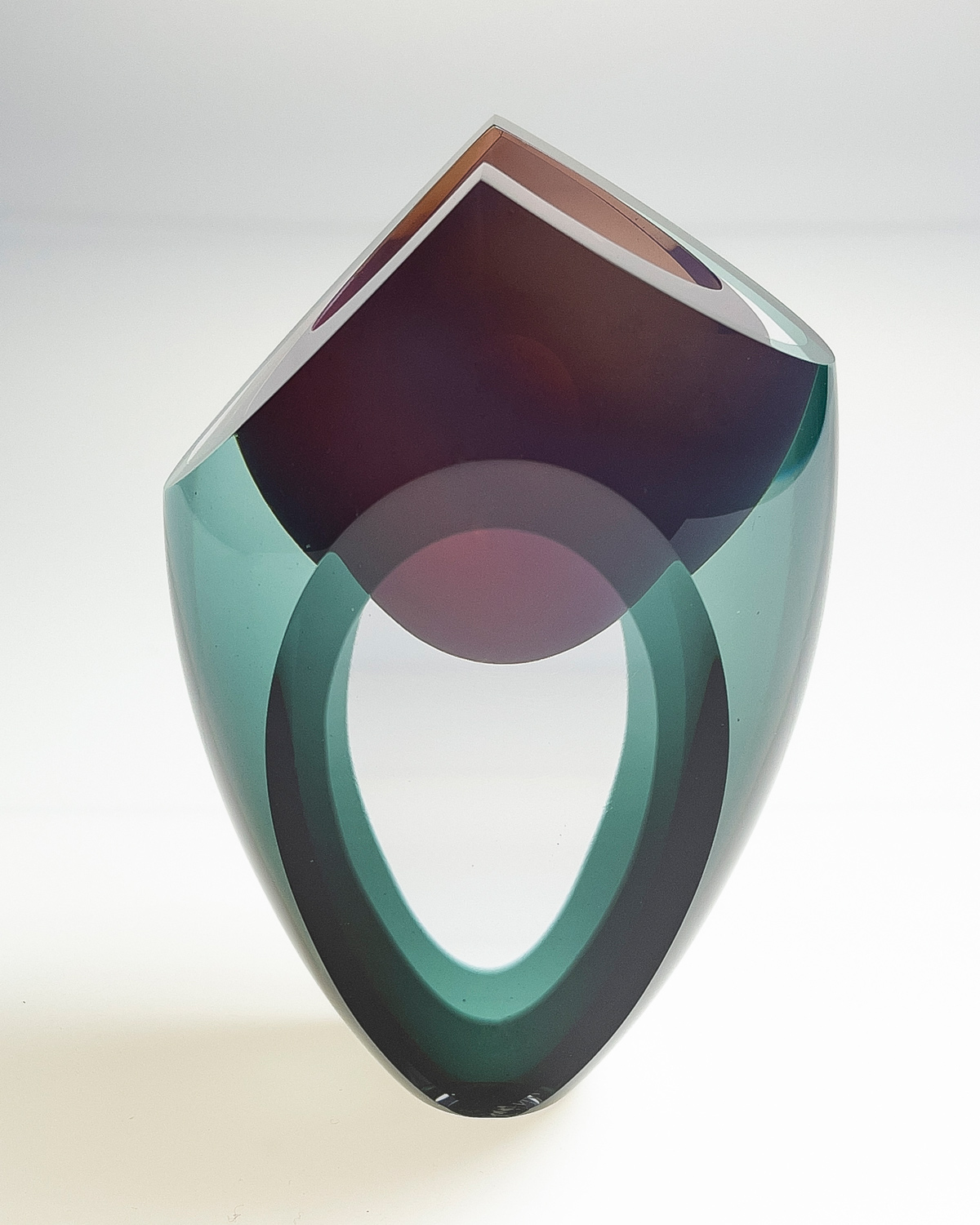 Bespoke sculpture handmade blown art glass vessel grey pink top side
